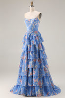 Load image into Gallery viewer, Sparkly Floral Blue A Line Tiered Long Corset Prom Dress with Slit