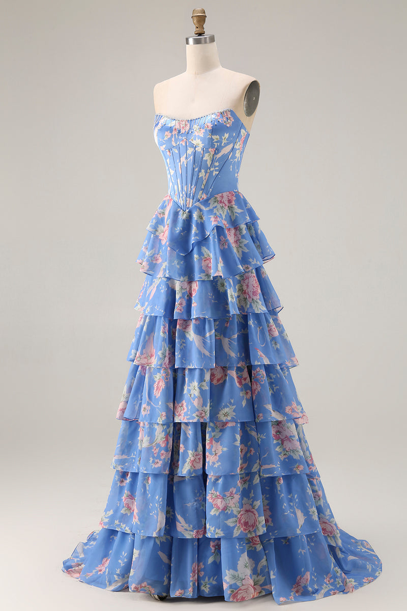 Load image into Gallery viewer, Sparkly Floral Blue A Line Tiered Long Corset Prom Dress with Slit