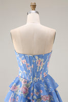 Load image into Gallery viewer, Sparkly Floral Blue A Line Tiered Long Corset Prom Dress with Slit