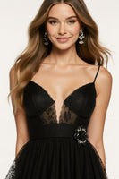 Load image into Gallery viewer, Sparkly Black Sheath Spaghetti Straps Long Formal Dress with Beading