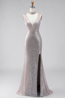 Load image into Gallery viewer, Sparkly Dark Silver V-Neck Sequin Mermaid Long Formal Dress with Slit