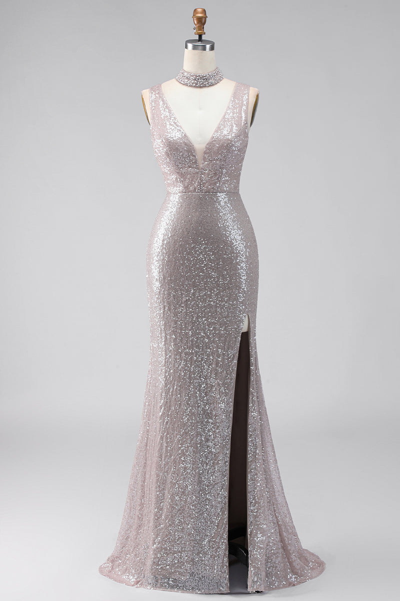 Load image into Gallery viewer, Sparkly Dark Silver V-Neck Sequin Mermaid Long Formal Dress with Slit