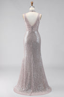 Load image into Gallery viewer, Sparkly Dark Silver V-Neck Sequin Mermaid Long Formal Dress with Slit