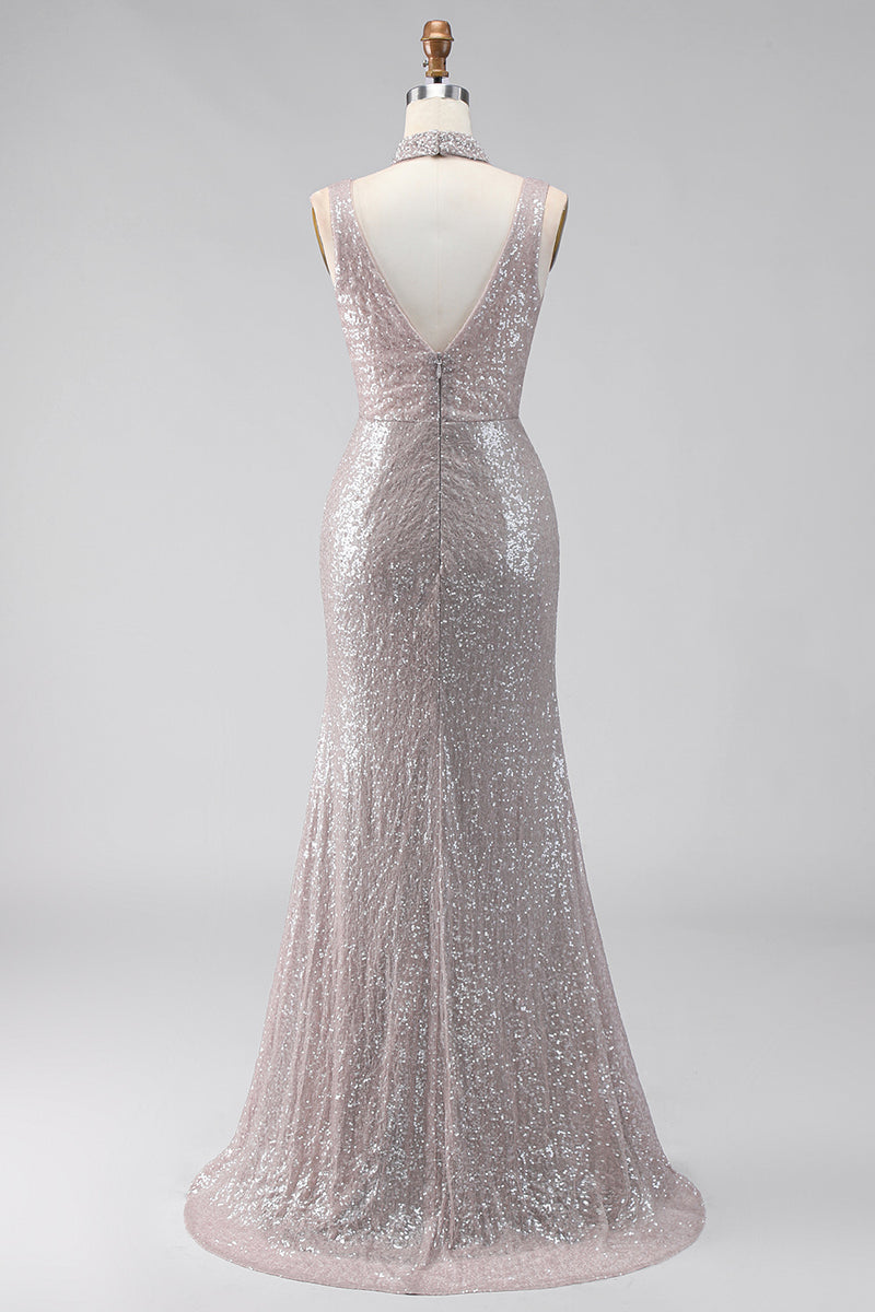 Load image into Gallery viewer, Sparkly Dark Silver V-Neck Sequin Mermaid Long Formal Dress with Slit