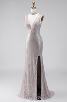 Load image into Gallery viewer, Sparkly Dark Silver V-Neck Sequin Mermaid Long Formal Dress with Slit