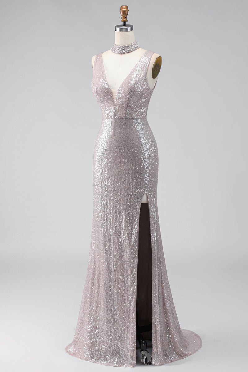 Load image into Gallery viewer, Sparkly Dark Silver V-Neck Sequin Mermaid Long Formal Dress with Slit