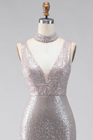 Load image into Gallery viewer, Sparkly Dark Silver V-Neck Sequin Mermaid Long Formal Dress with Slit