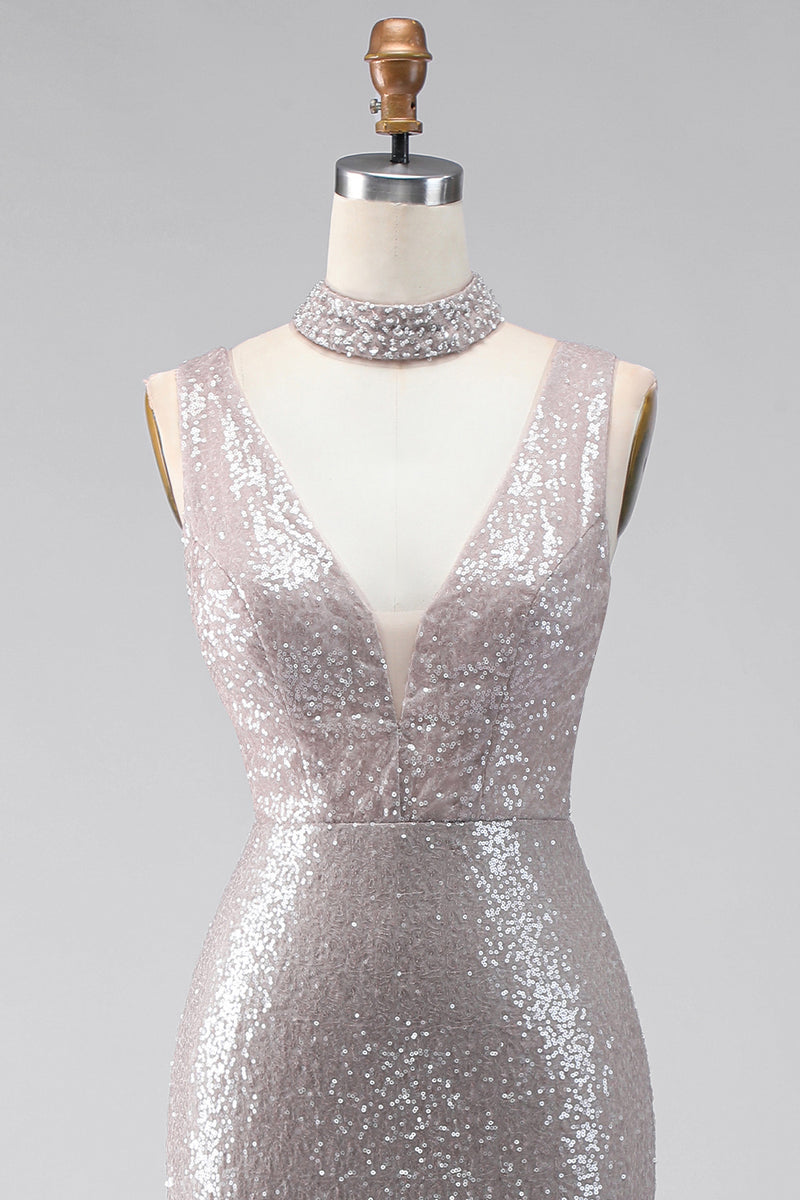 Load image into Gallery viewer, Sparkly Dark Silver V-Neck Sequin Mermaid Long Formal Dress with Slit