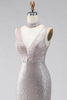 Load image into Gallery viewer, Sparkly Dark Silver V-Neck Sequin Mermaid Long Formal Dress with Slit