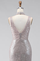 Load image into Gallery viewer, Sparkly Dark Silver V-Neck Sequin Mermaid Long Formal Dress with Slit