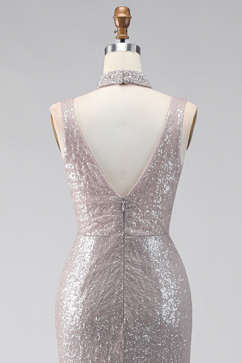 Load image into Gallery viewer, Sparkly Dark Silver V-Neck Sequin Mermaid Long Formal Dress with Slit