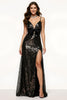 Load image into Gallery viewer, Sparkly Black Sequin Sheath Spaghetti Straps Long Formal Dress with Bow