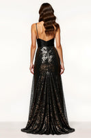 Load image into Gallery viewer, Sparkly Black Sequin Sheath Spaghetti Straps Long Formal Dress with Bow