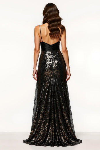 Sparkly Black Sequin Sheath Spaghetti Straps Long Formal Dress with Bow