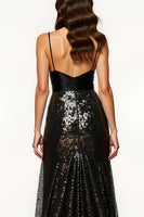 Load image into Gallery viewer, Sparkly Black Sequin Sheath Spaghetti Straps Long Formal Dress with Bow