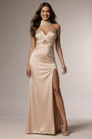Load image into Gallery viewer, Champagne Satin Mermaid Ruched Spaghetti Straps Long Formal Dress with Slit