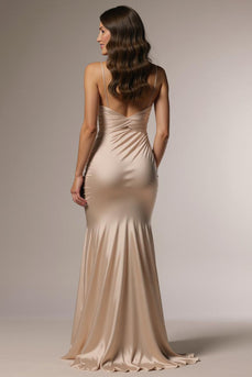 Champagne Satin Mermaid Ruched Spaghetti Straps Long Formal Dress with Slit