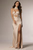 Load image into Gallery viewer, Champagne Satin Mermaid Ruched Spaghetti Straps Long Formal Dress with Slit