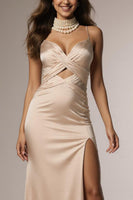 Load image into Gallery viewer, Champagne Satin Mermaid Ruched Spaghetti Straps Long Formal Dress with Slit