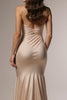 Load image into Gallery viewer, Champagne Satin Mermaid Ruched Spaghetti Straps Long Formal Dress with Slit