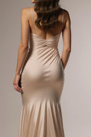 Load image into Gallery viewer, Champagne Satin Mermaid Ruched Spaghetti Straps Long Formal Dress with Slit