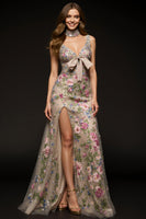 Load image into Gallery viewer, Floral Sparkly Champagne Sheath V-Neck Beaded Long Formal Dress with Slit