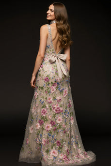 Floral Sparkly Champagne Sheath V-Neck Beaded Long Formal Dress with Slit