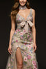 Load image into Gallery viewer, Floral Sparkly Champagne Sheath V-Neck Beaded Long Formal Dress with Slit