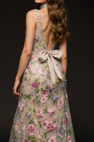 Load image into Gallery viewer, Floral Sparkly Champagne Sheath V-Neck Beaded Long Formal Dress with Slit