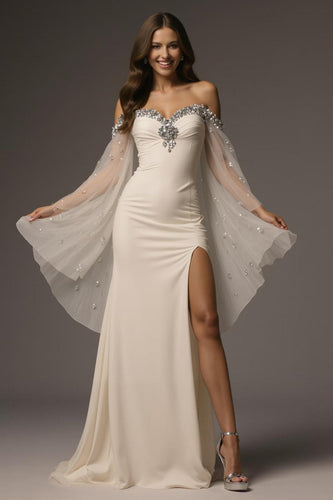 Sparkly Ivory Mermaid Off the Shoulder Beaded Long Formal Dress with Cape