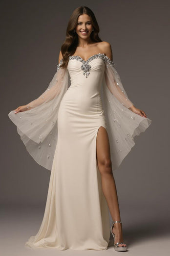 Sparkly Ivory Mermaid Off the Shoulder Beaded Long Formal Dress with Cape