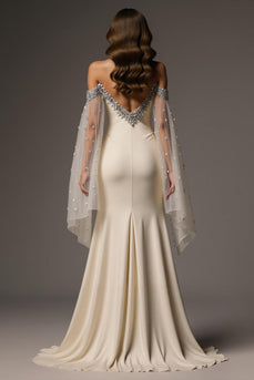 Sparkly Ivory Mermaid Off the Shoulder Beaded Long Formal Dress with Cape