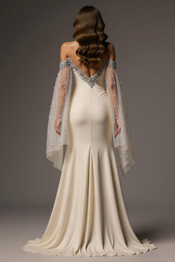 Sparkly Ivory Mermaid Off the Shoulder Beaded Long Formal Dress with Cape