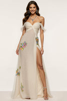 Load image into Gallery viewer, Sparkly Floral Ivory Mermaid Off the Shoulder Long Formal Dress with Slit
