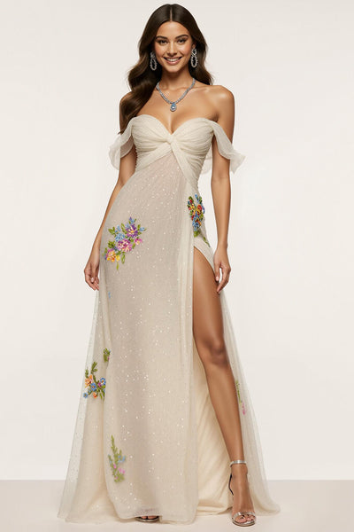 Sparkly Floral Ivory Mermaid Off the Shoulder Long Formal Dress with Slit