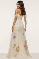 Load image into Gallery viewer, Sparkly Floral Ivory Mermaid Off the Shoulder Long Formal Dress with Slit