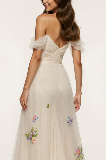 Sparkly Floral Ivory Mermaid Off the Shoulder Long Formal Dress with Slit