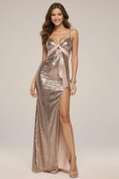 Load image into Gallery viewer, Sparkly Rose Golden Sheath Sequin Spaghetti Straps Long Formal Dress with Slit