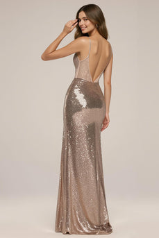 Sparkly Rose Golden Sheath Sequin Spaghetti Straps Long Formal Dress with Slit