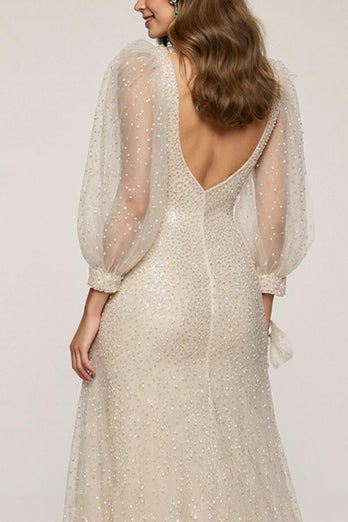 Sparkly Ivory V-Neck Sheath Sequin Long Sleeves Formal Dress with Slit