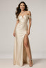 Load image into Gallery viewer, Champagne Off the Shoulder Satin Sheath Ruched Long Formal Dress with Slit