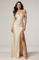 Load image into Gallery viewer, Champagne Off the Shoulder Satin Sheath Ruched Long Formal Dress with Slit