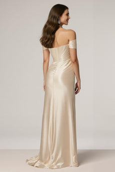Champagne Off the Shoulder Satin Sheath Ruched Long Formal Dress with Slit