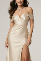 Load image into Gallery viewer, Champagne Off the Shoulder Satin Sheath Ruched Long Formal Dress with Slit