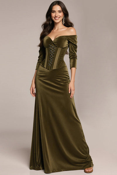 Green Velvet Off the Shoulder Ruched Long Corset Formal Dress with Sleeves