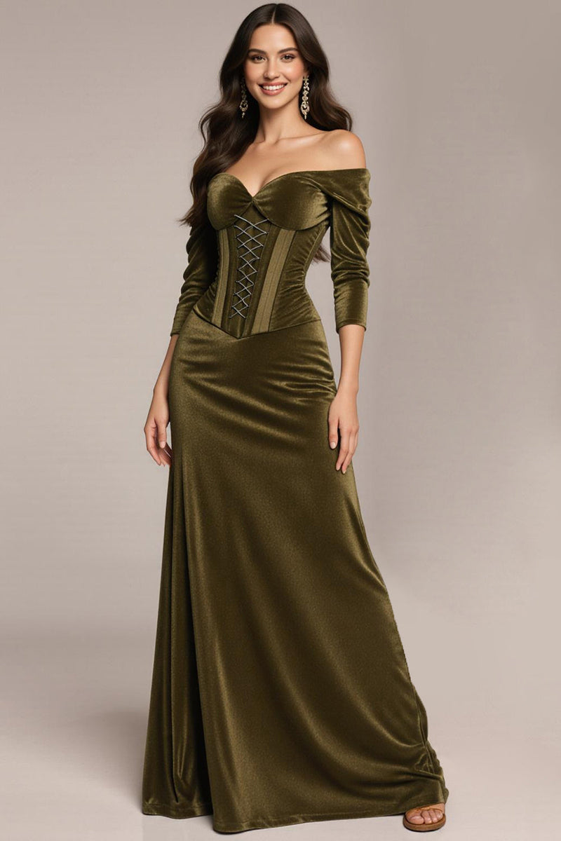 Load image into Gallery viewer, Green Velvet Off the Shoulder Ruched Long Corset Formal Dress with Sleeves