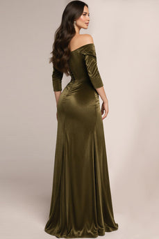 Green Velvet Off the Shoulder Ruched Long Corset Formal Dress with Sleeves
