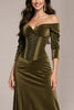 Load image into Gallery viewer, Green Velvet Off the Shoulder Ruched Long Corset Formal Dress with Sleeves