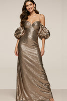 Load image into Gallery viewer, Sparkly Brown Sequin Cold Shoulder Sheath Long Formal Dress with Sleeves