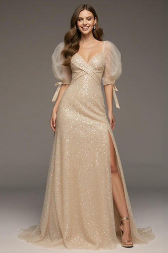 Sparkly Champagne Puff Sleeves Sheath Sequin Long Formal Dress with Slit